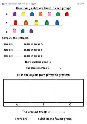 Year 1 Ordering Objects Worksheet