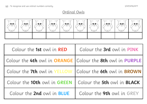 Year 1 Ordinal Numbers Colouring Worksheet