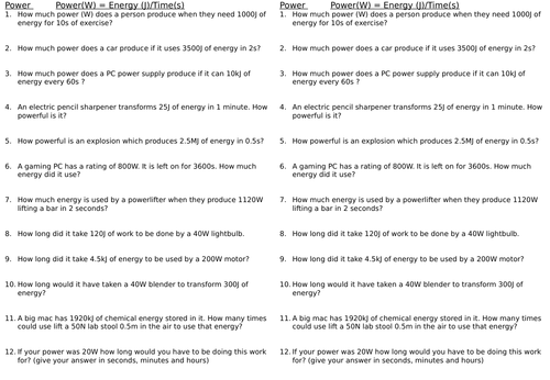 AQA GCSE - Power (for energy and forces)