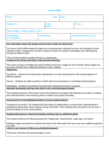 PE Rugby Tackling lesson plans