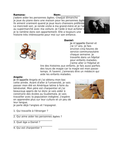 French Volunteer Work Reading: Travail Bénévol Lecture