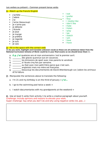 KS3 year 9 french/ low ability GCSE French  - Common present tense verbs