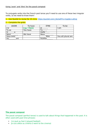 KS3 + GCSE French grammar, LE PASSÉ COMPOSÉ, Multiple resources to aid understanding + revision