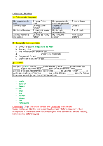 Expo 3 vert - La lecture - Low ability worksheet to discuss reading