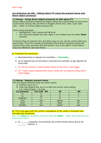 Expo 3 rouge - 1 - Les émissions de télé - present tense and direct object pronouns activities