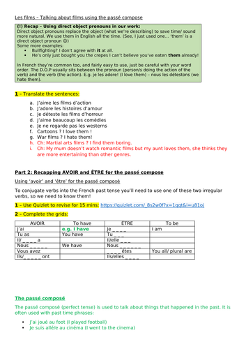 2 - Les films – Consolidating direct object pronouns, revising avoir and etre for the passé composé