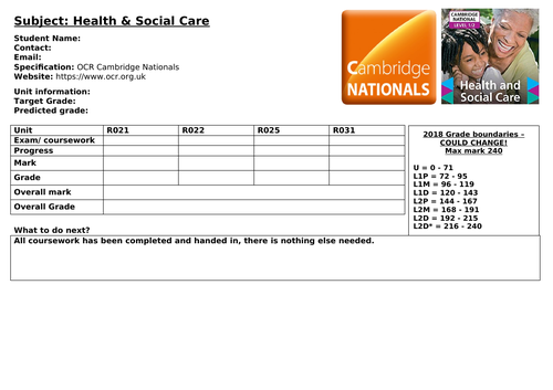 Health & Social OCR Cambridge Nationals Smith Proforma/ Student Progress Summary