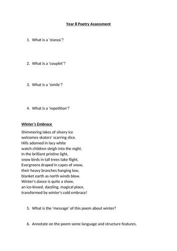 KS3 English Winter Assessment (Poetry and Descriptive Writing)