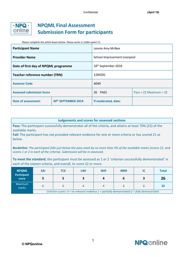 Completed NPQML with marking feedback