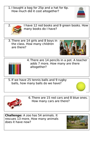 Addition Word Problems (2 digit add 1 digit)