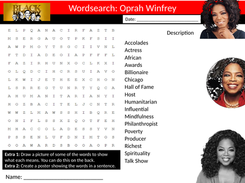 Oprah Winfrey Wordsearch Keyword Starter Settler Activity Cover Lesson Black History Month