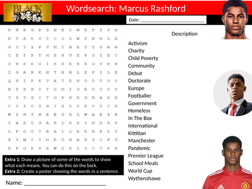 Marcus Rashford Wordsearch Keyword Starter Settler Activity Cover Lesson Black History Month