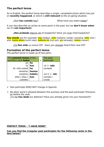 The Perfect tense in Spanish- explanation + exercises GCSE KS4
