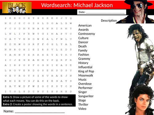 Michael Jackson Wordsearch Keyword Starter Settler Music Lesson Black History Month