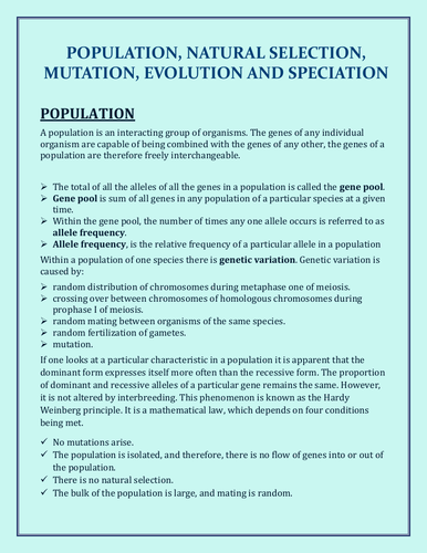 FOR A2 STUDENTS....POPULATION, NATURAL SELECTION, MUTATION, EVOLUTION AND SPECIATION
