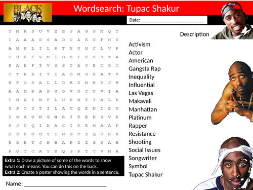 Tupac Shakur Wordsearch Keyword Starter Settler Music Lesson Black History Month