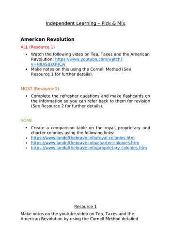 American Revolution - Independent Learning Sheet