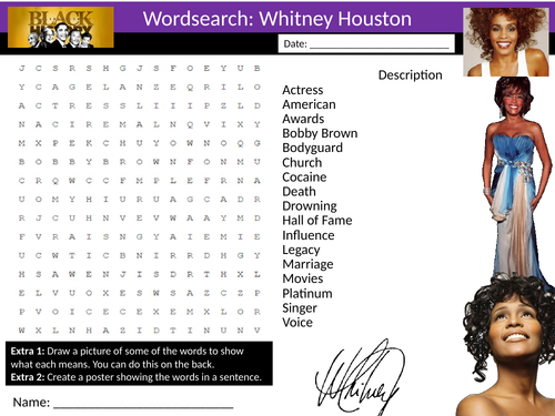 Whitney Houston Wordsearch Keyword Starter Settler Music Cover Lesson Black History Month 1402