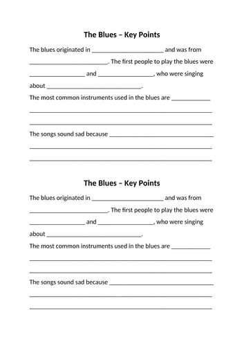 Blues Music Key Points worksheet