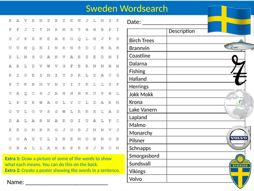 2 x Sweden Country Wordsearch Sheet Geography Starter Activity Keywords Cover