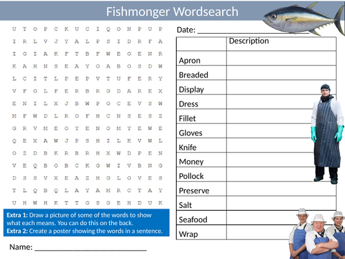 Fishmonger Career Wordsearch Sheet Starter Activity Keywords Cover Jobs