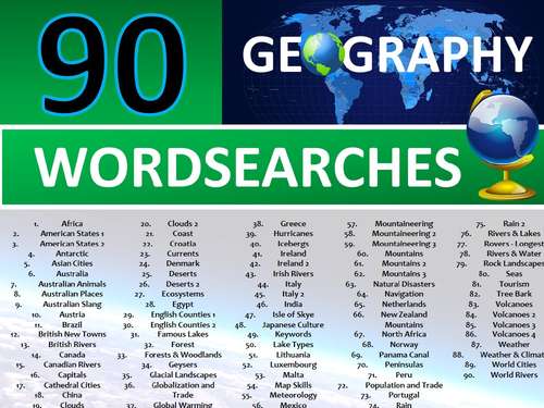 90 x Geography Wordsearches Starter Activities GCSE KS3 Wordsearch etc Cover Plenary Lesson