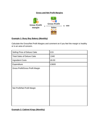 Gross/Net Profit Margin Calculations Worksheet