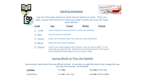 Spelling Strategies Placemat