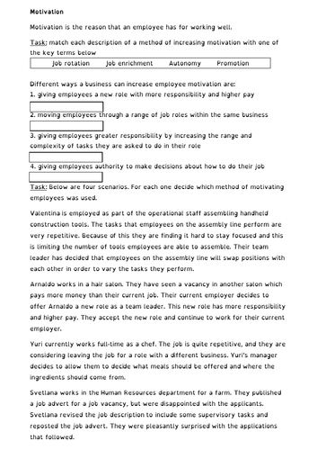 Edexcel GCSE (9-1) Business 2.5 Making human resource decisions - Motivation worksheet