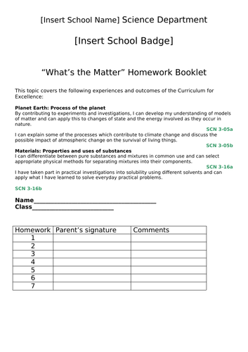 Science Homework Booklet - Matter