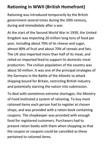 Rationing in World War Two (British Homefront) Handout