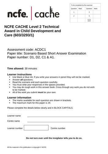 CACHE Level 2 Unit 1 TACDC mini mock exam paper
