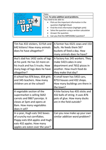 Simple addition word problems with trick information | Teaching Resources