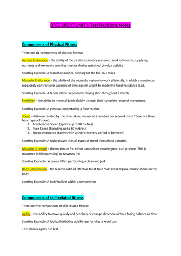 BTEC SPORT Unit 1 revision notes pack | Teaching Resources