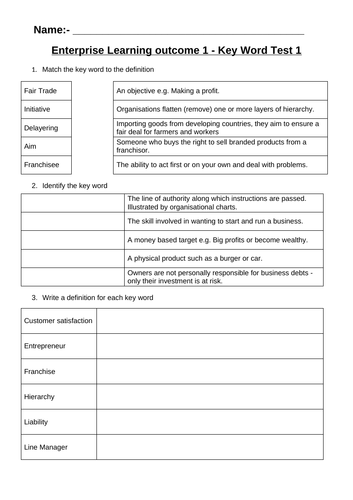 Key word tests NCFE Level 1/2 Business and Enterprise