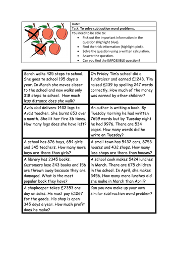 Subtraction word problems with trick info.