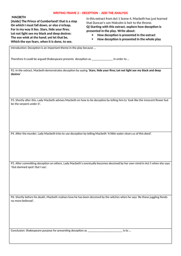 Macbeth Writing Frames on Ambition, Deception and Guilt for low ability