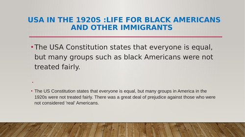 Life for Black Americans and Segrgation in the USA, in the 1920s.