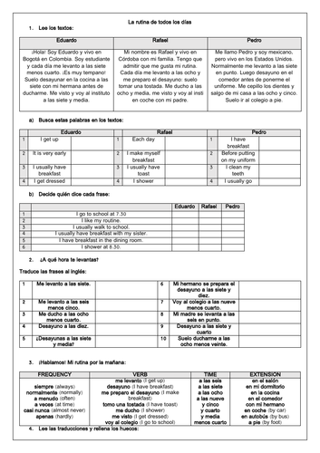 spanish daily routine la rutina diaria 6 worksheets gcse teaching resources