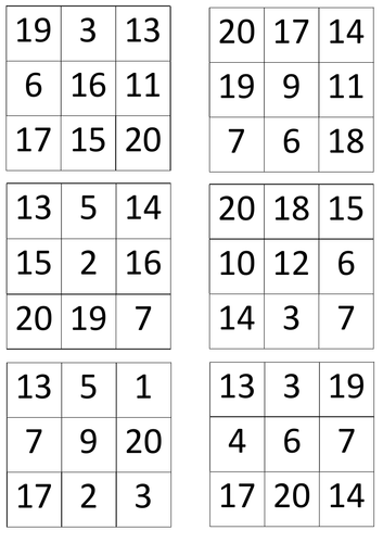 Bingo cards 1-15