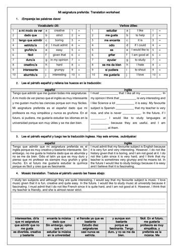 Spanish School subjects /  mi colegio / las asignaturas Translation Worksheet GCSE