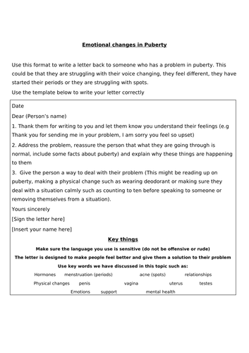 Agony Aunt template puberty - emotional changes