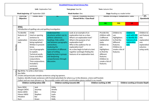 Year 6 Explanation Text Planning