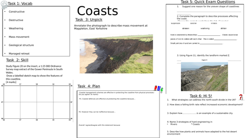 AQA Geography GCSE 8 Revision sheets, coasts, economic world, living world, resources, rivers
