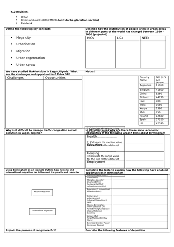 AQA GCSE Geography Year 10 Revision sheet , Urban, Rivers and coasts, Fieldwork