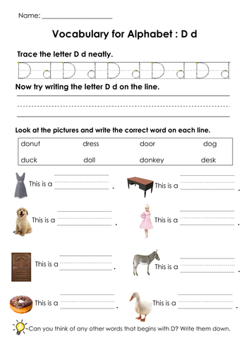 Vocabulary for Alphabets D, E and F and Handwriting