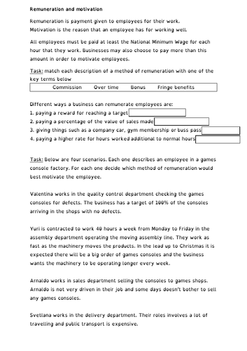 Edexcel GCSE (9-1) Business 2.5 Making human resource decisions - Remuneration worksheet
