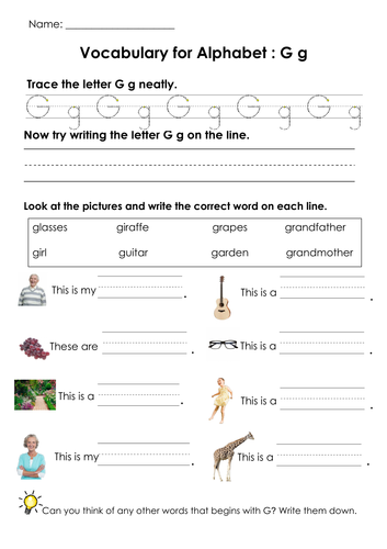 Vocabulary for Alphabets G, H and I and Handwriting