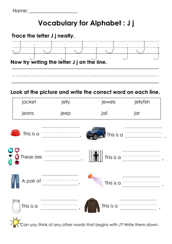 Vocabulary for Alphabets J, K and L and Handwriting