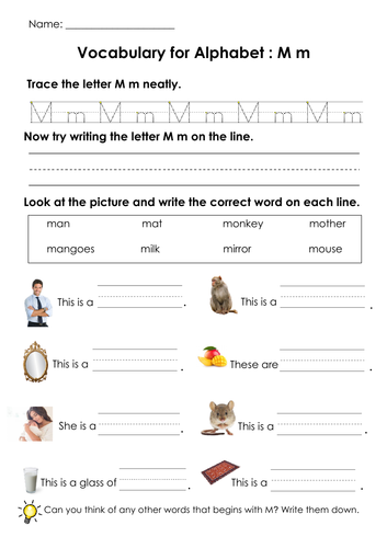 Vocabulary for Alphabets M, N and O and Handwriting